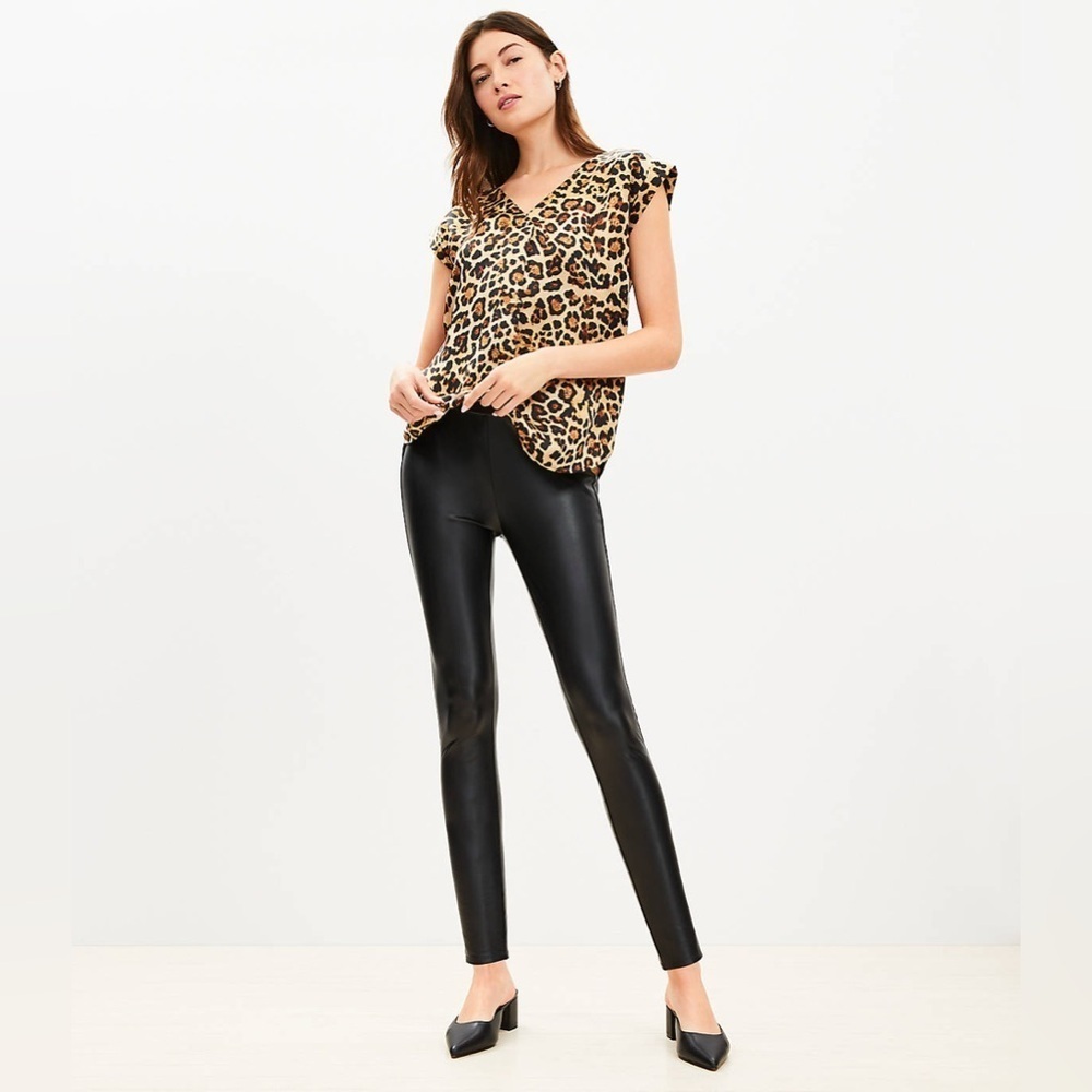 LOFT Women's Vegan Leather Leggings Black Size L Elastic Waist Casual Date Night - Picture 2 of 11